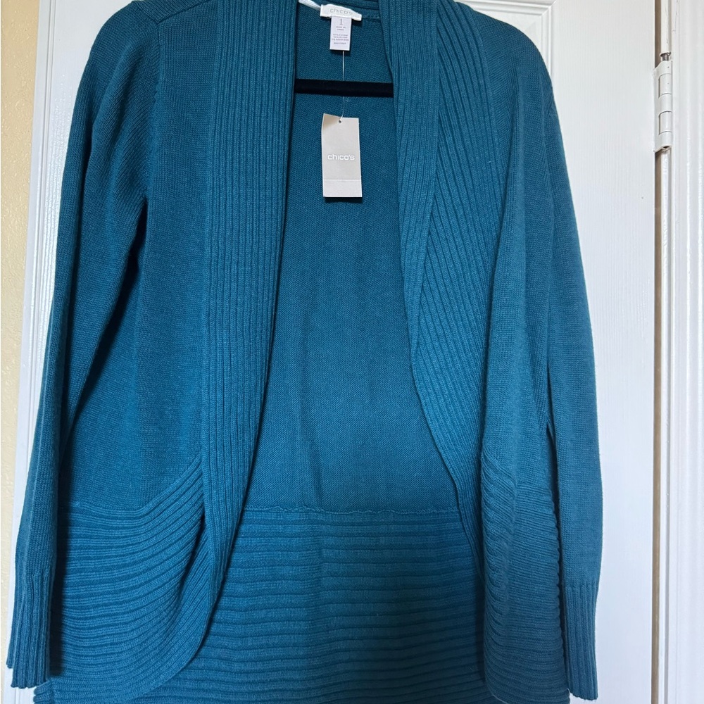 Chicos Roxanne Rib cardigan Teal Blue Chicos Size 1 women’s size 8-10